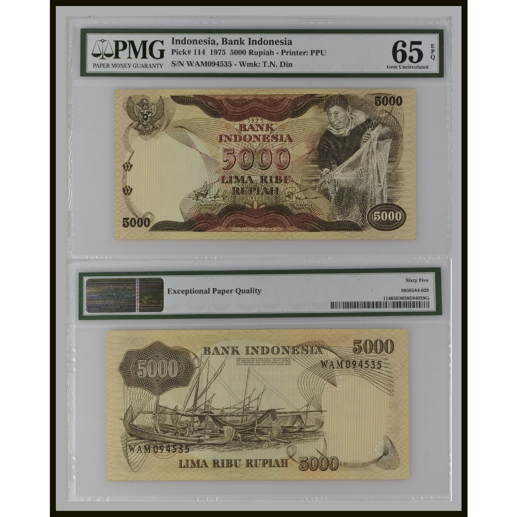 Uang kuno PMG 65 EPQ - 5000 rupiah  tahun 1975 'Nelayan Penjala Ikan