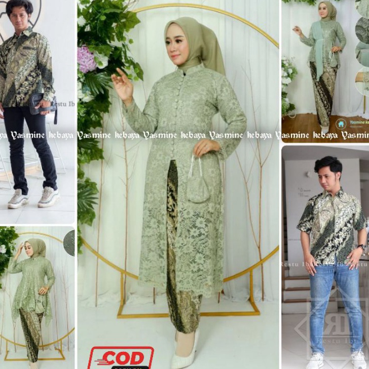 KF7 Setelan Baju Couple Kebaya Tunik Brukat Busui Set Kemeja Batik Pria Motif CM Sage  Couple Kebaya