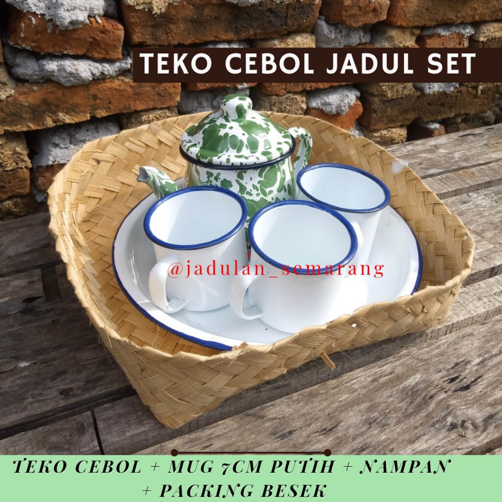 Teko Timbangan Jadul Cebol Set Mug Enamel Putih 7cm 3 pcs + nampan enamel motif bunga + free BESEK