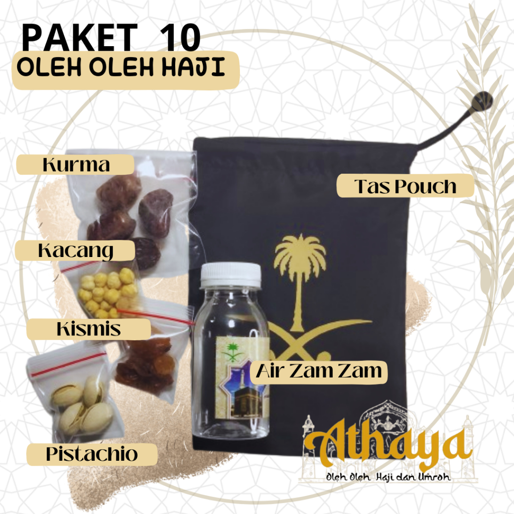 

Paket 10 pouch serut oleh-oleh haji dan umroh Pahe+pistachio zamzam isi 80ml