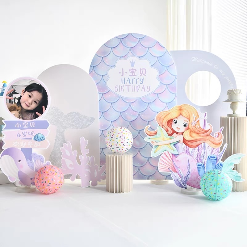 PAKET DEKORASI MERMAID BACKDROP / STANDING KARAKTER ULANG TAHUN ANAK / PAKET DEKORASI ULANG TAHUN AN