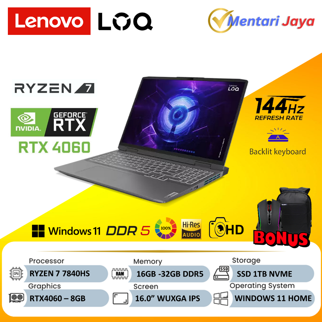 Lenovo LOQ 16 Gaming RTX 4060 Ryzen 7 7840HS 32GB 1TB SSD Wuxga IPS 144Hz Win11 Home
