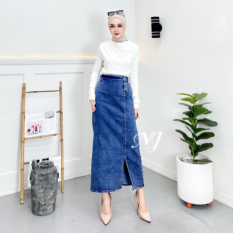 Rok span jeans/Rok span jeans belah samping karet/rok span kekinian