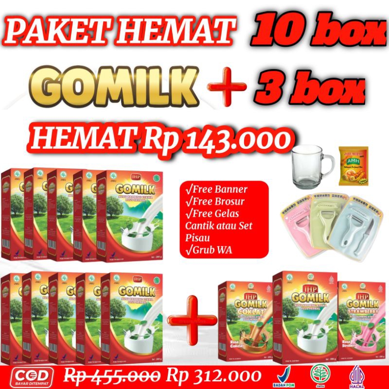 

Paket hemat GOMILK 10 bok + 3 bok (bonus set pisau dan gelas) Tingkatkan imunitas, nafsu makan, tinggi kalsium, bantu atasi masalah lambung, kesemutan, asam urat, stroke, paru², jantung, dll