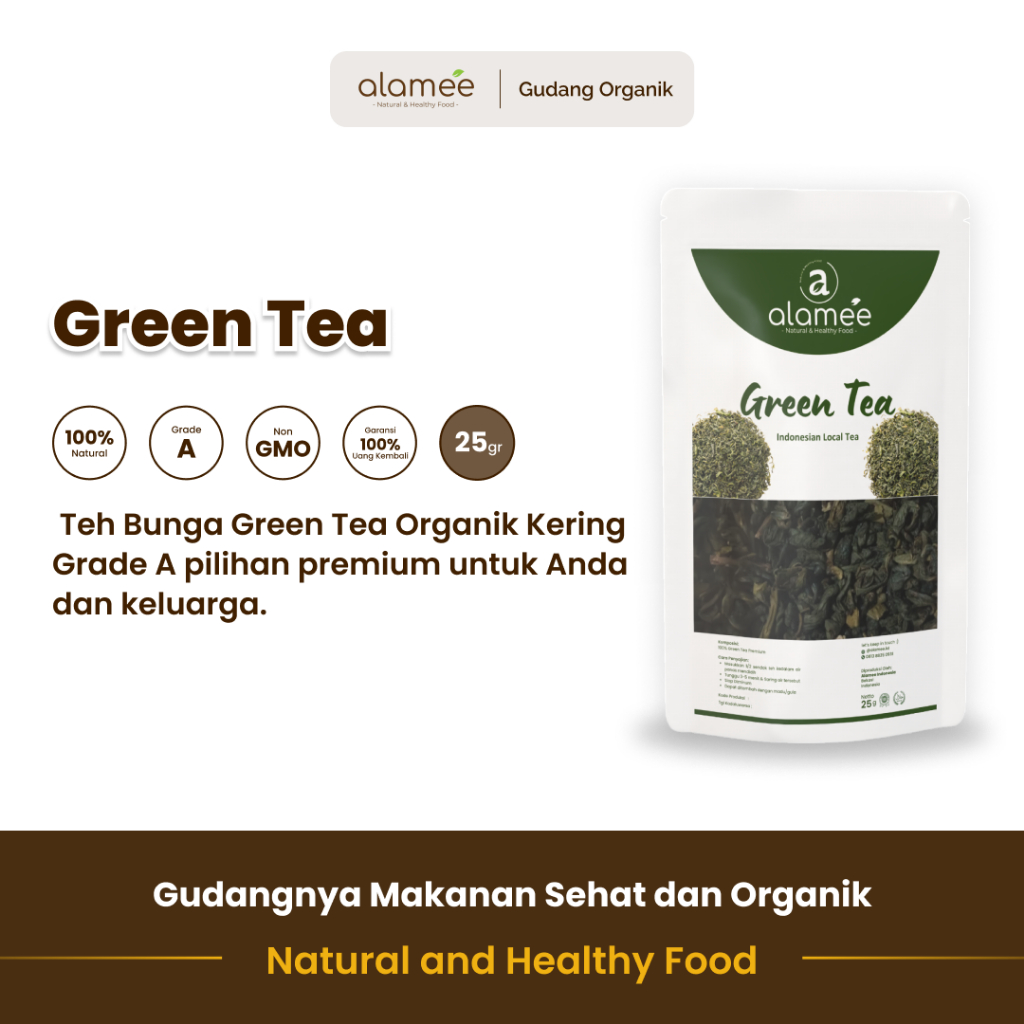 

alamee teh bunga green tea yang kualitas daunnya bagus menyediakan rasa alami dan menyegarkan