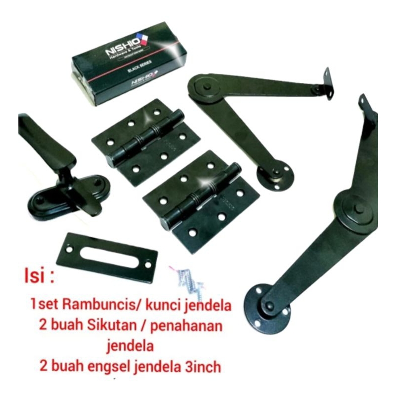 paket komplit jendela black series, panolet/grendel/engsel salon/