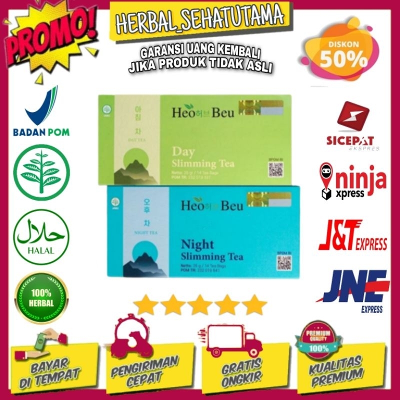1 paket HEO BEU SLIMMING TEA KOREA DAY & NIGHT / TEH PELANGSING ORIGINAL TEH SIANG DAN MALAM / PEMBE