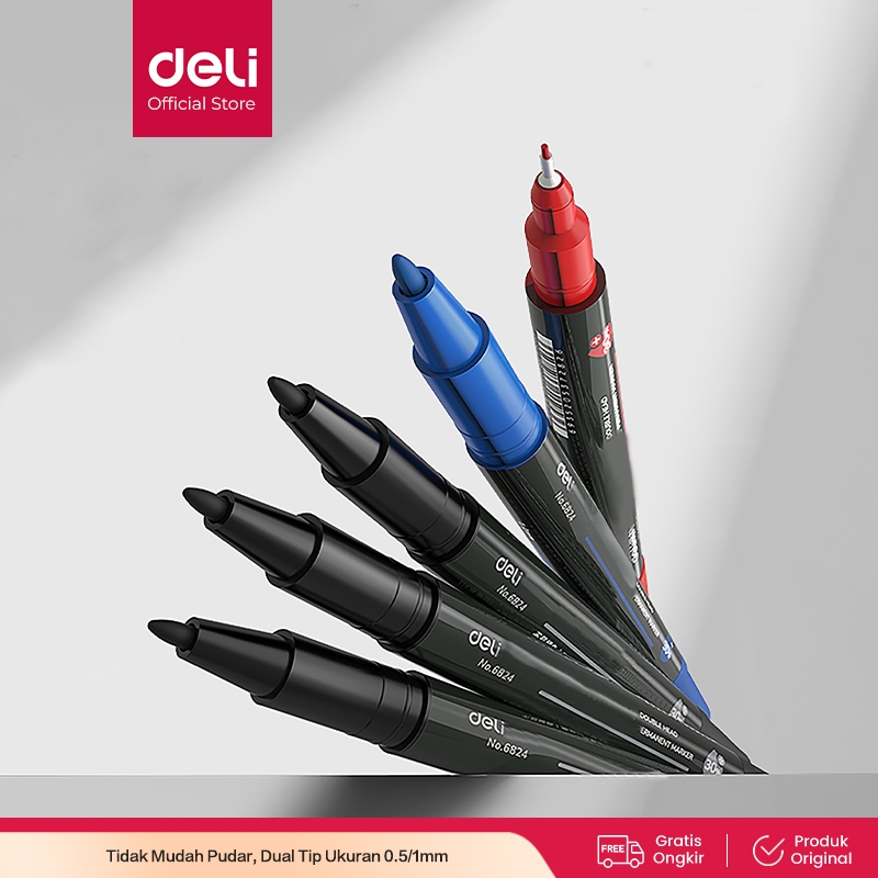 

Spidol Double Dual Tip Deli Ujung Pena Ganda HITAM MERAH BIRU ukuran 0,5/1mm Permanent Marker Deli Spidol ATK 6824