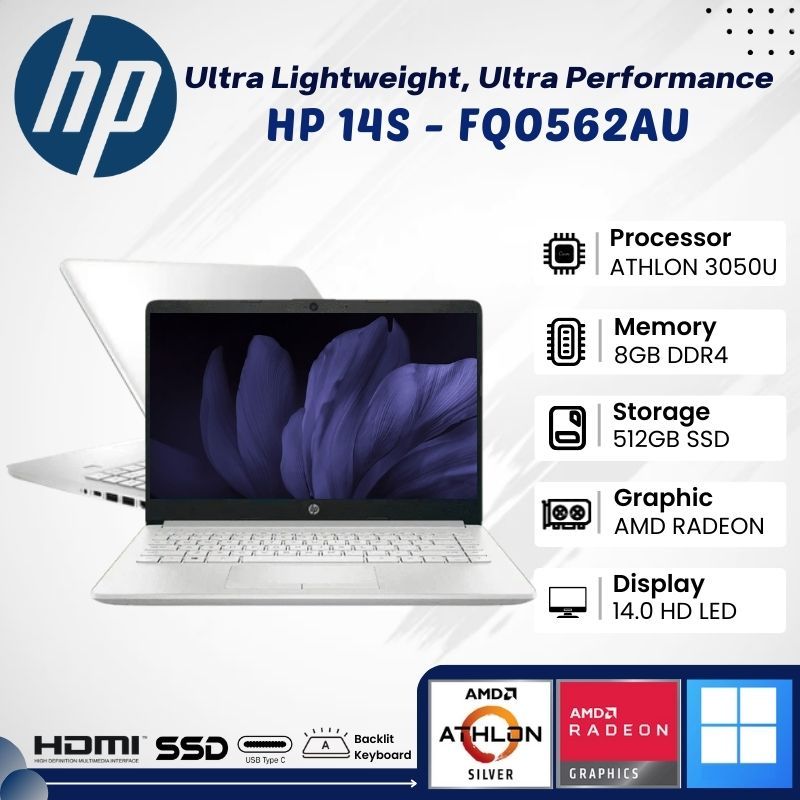 Laptop HP 14S FQ0562AU Amd Athlon 3050 RAM 8GB SSD 512GB AMD RADEON 14'' Backlit  Win 11 OHS 2021