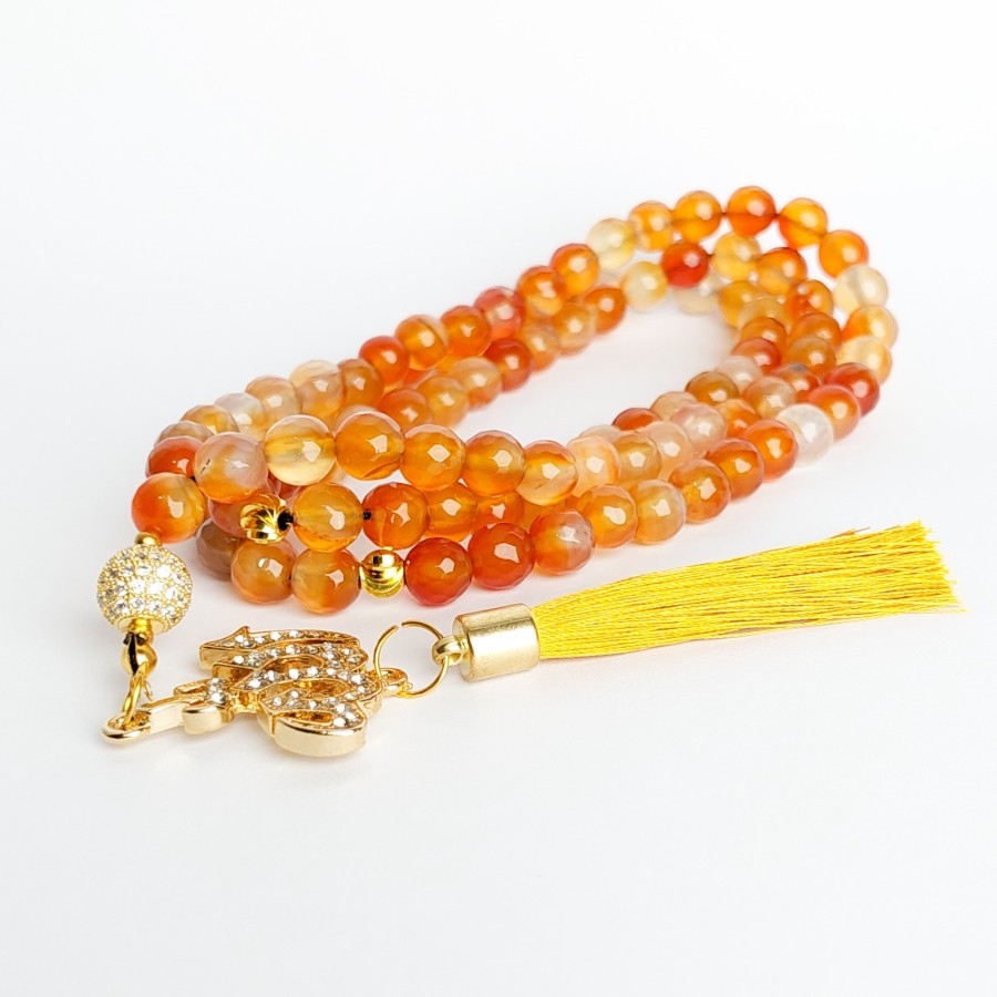 Tasbih Batu Asli Cempaka Madu Natural Orange Chalcedony Tasbeh Muslim Alat Dzikir Premium Cutting