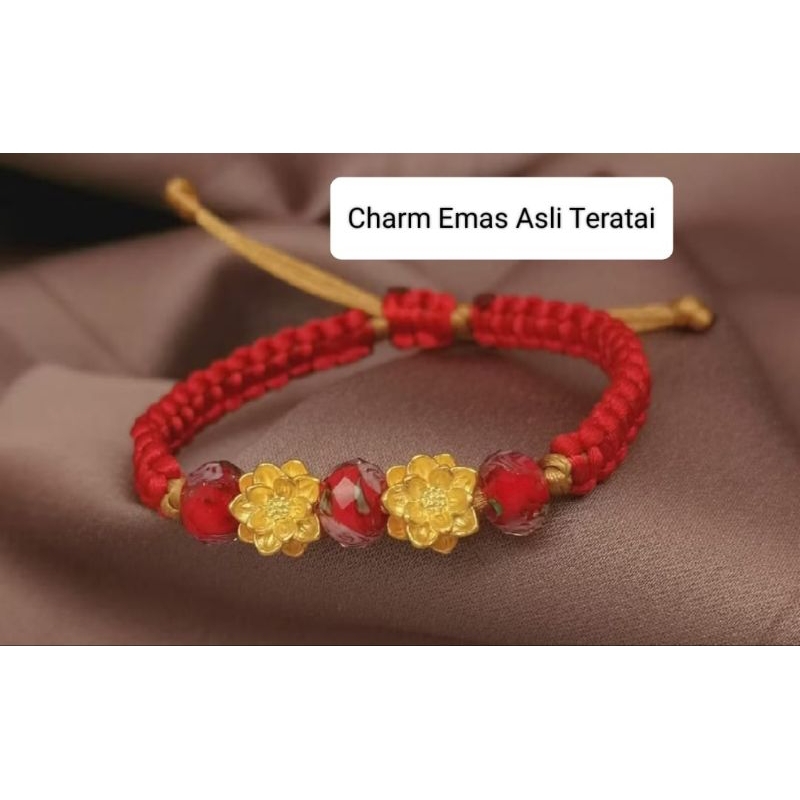 Gelang Emas Asli 2 Teratai 24K Hongkong 999% Tali Kepang