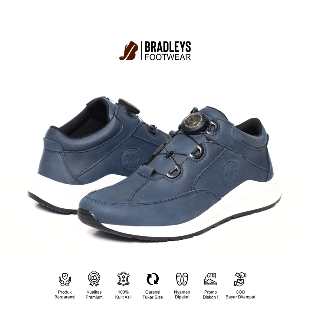 Bradleys Theo TP Navy - Sepatu Kulit Kasual Sneaker Pria Tali Putar