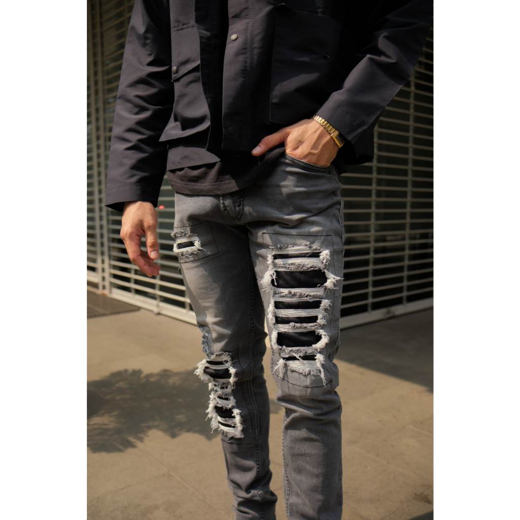 North Denim Celana Jeans Denim Panjang Pria Strech Ripped Patch Cotton - Fantasy Grey