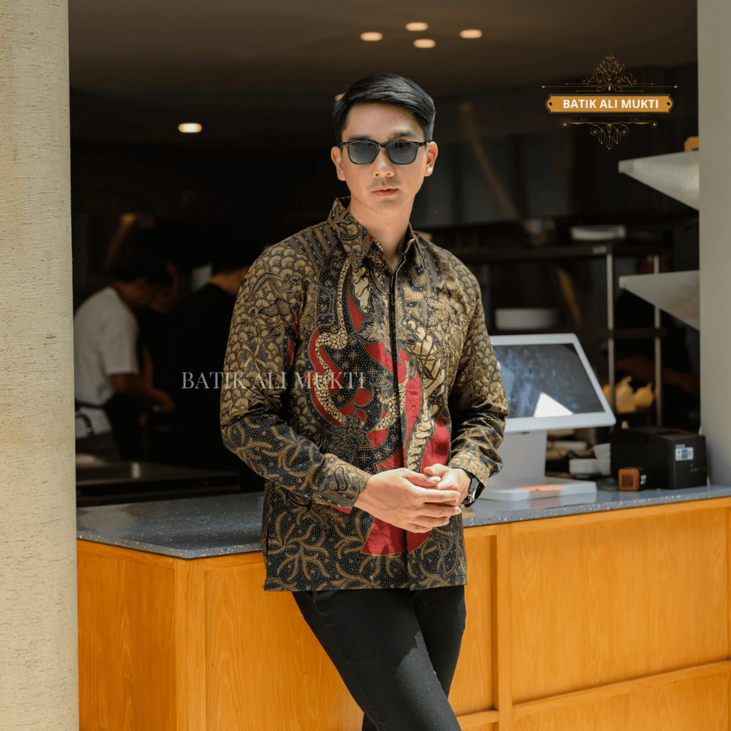 Batik Pria Lengan Panjang Kemeja Premium Anak Muda Remaja Katun Halus Furing Motif Senopati Merah Ma