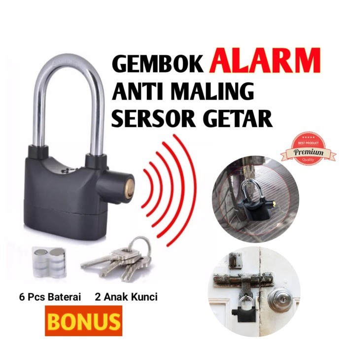 (Paket Lengkap Gembok + Kunci + Baterai) GEMBOK ALARM ANTI MALING - Gembok Motor Pagar Serbaguna