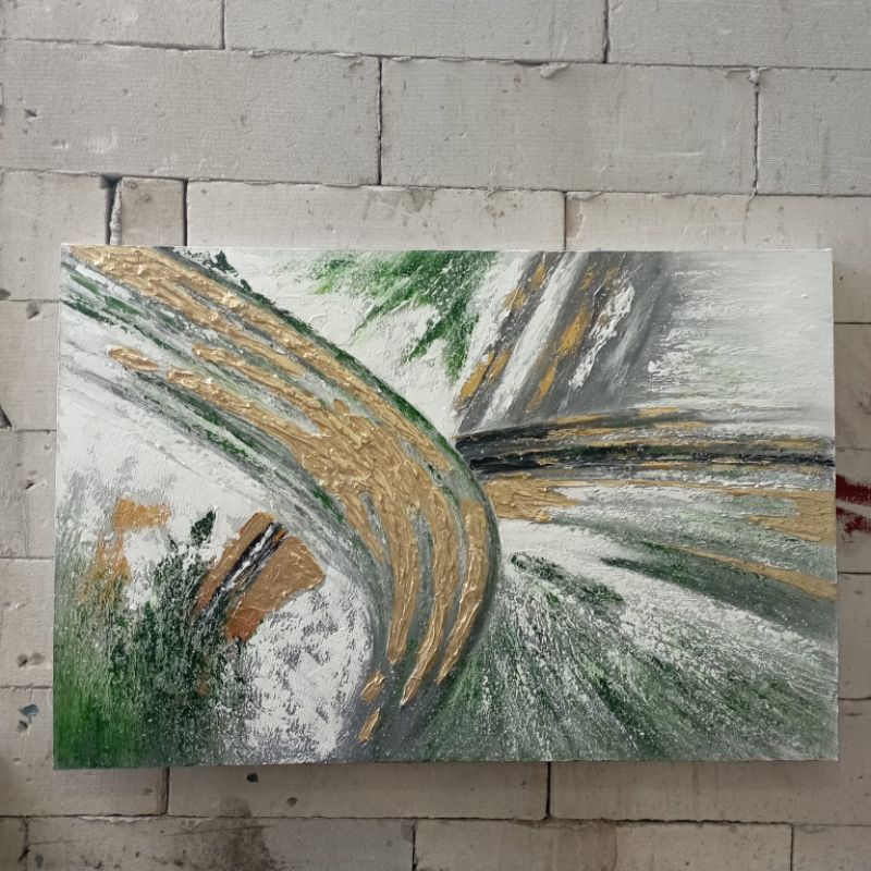 lukisan abstrak tekstur timbul gold & green minimalis modern