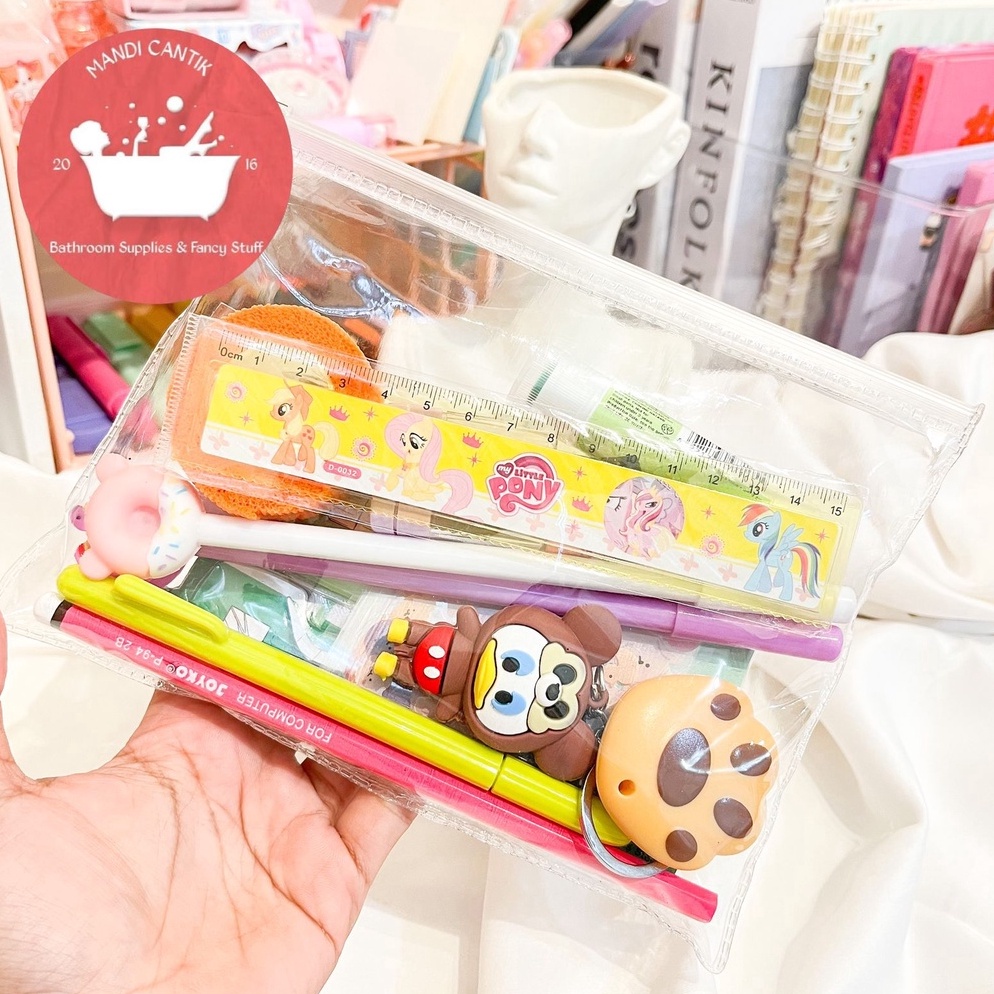 

Pouch Set alat tulis sticker pensil gantungan kunci pulpen pena pensil penggaris sekolah sticky notes penjepit sticker cutter mini finger protector