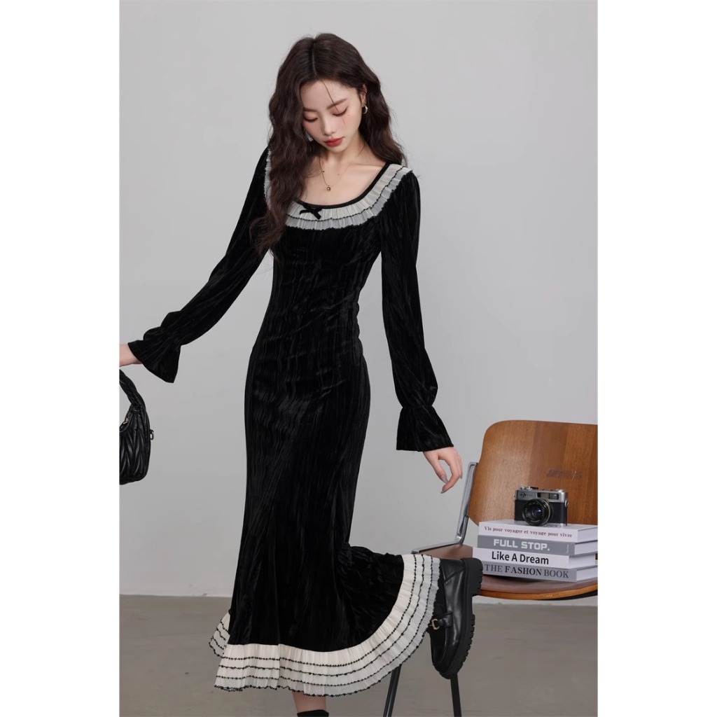 Gaun Ketat Wanita lengan Panjang Dress A-Line Ketat kasual Bahan Premium