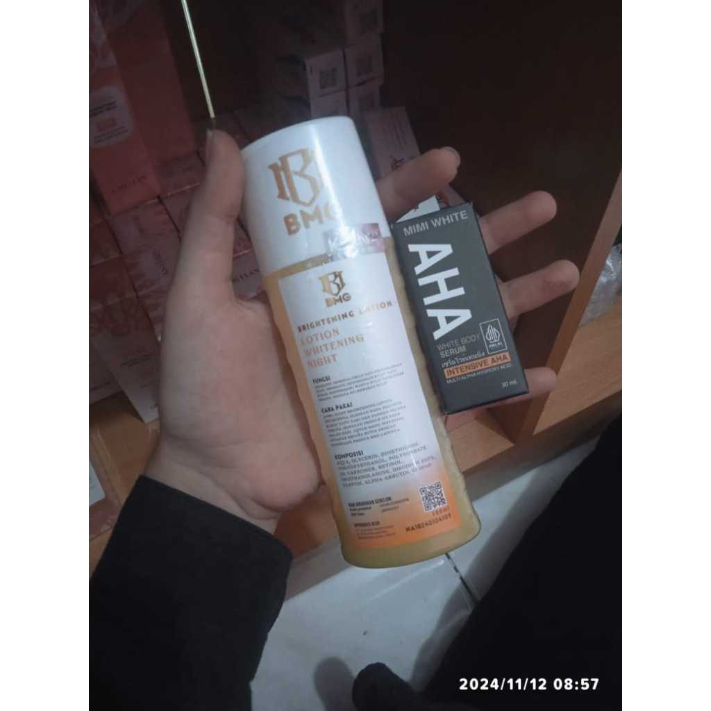 Paket Bodycare Night Lotion BMG + Mimi White AHA Exfoliating Body Serum Pencerah Kulit