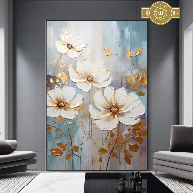 Lukisan Bunga Putih Gold Lukisan Aesthetic Hiasan Dinding Dekorasi dinding Lukisan Modern