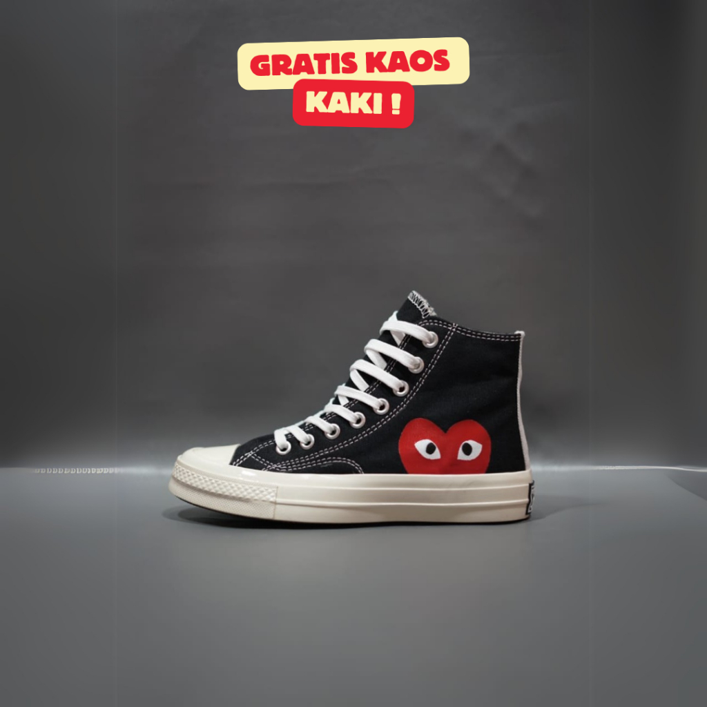 SEPATU CONVERSE 70S HIGH X CDG PLAY LOVE BLACK WHITE SOL GLOSSY GRADE ORIGINAL 36-43 SNEAKERS HITAM