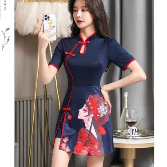 0580 Baju minidress CNY IMLEK XISHI CHEONGSAM 2PCS SET hotpant celana pendek Chinese New year wanita