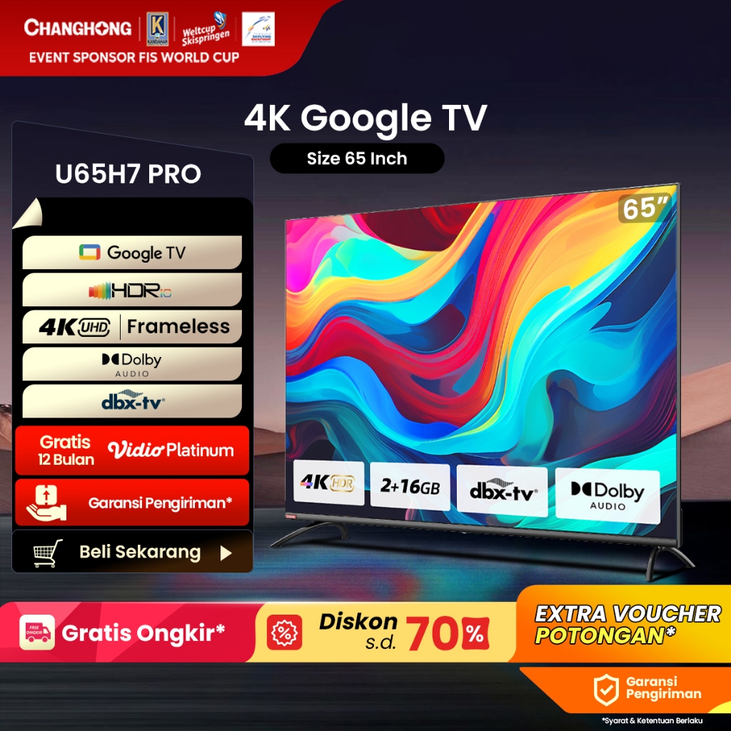 Google TV Changhong 65 Inch 4K  UHD Smart Digital LED TV-Google Assistant-UHD-Wifi-Netflix (Model: U