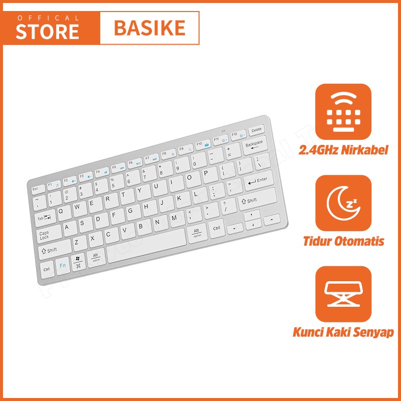 BASIKE Keyboard Wireless Silent 2.4Ghz for Laptop Komputer iPad Mac Kantor USB Mini Portable