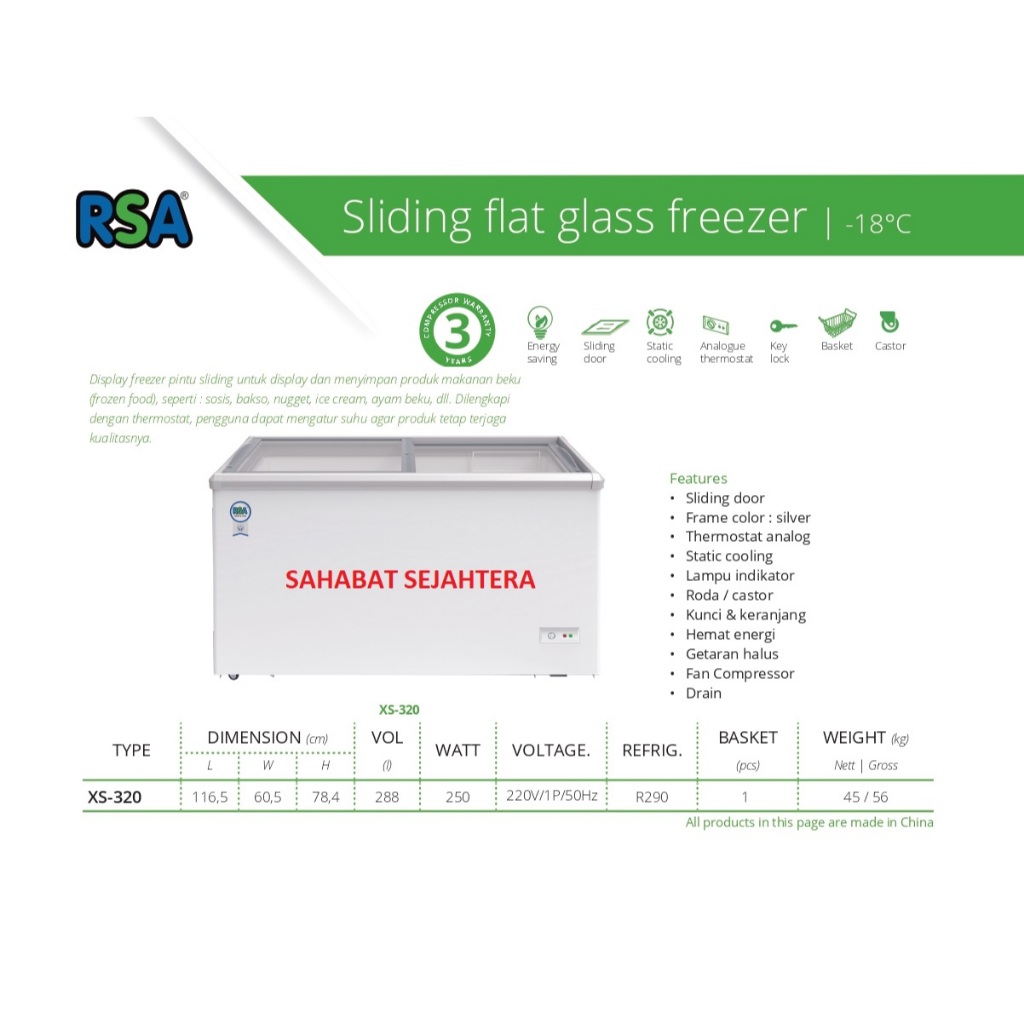 RSA Sliding Flat Glass Freezer XS-320 Freezer Sliding Kaca