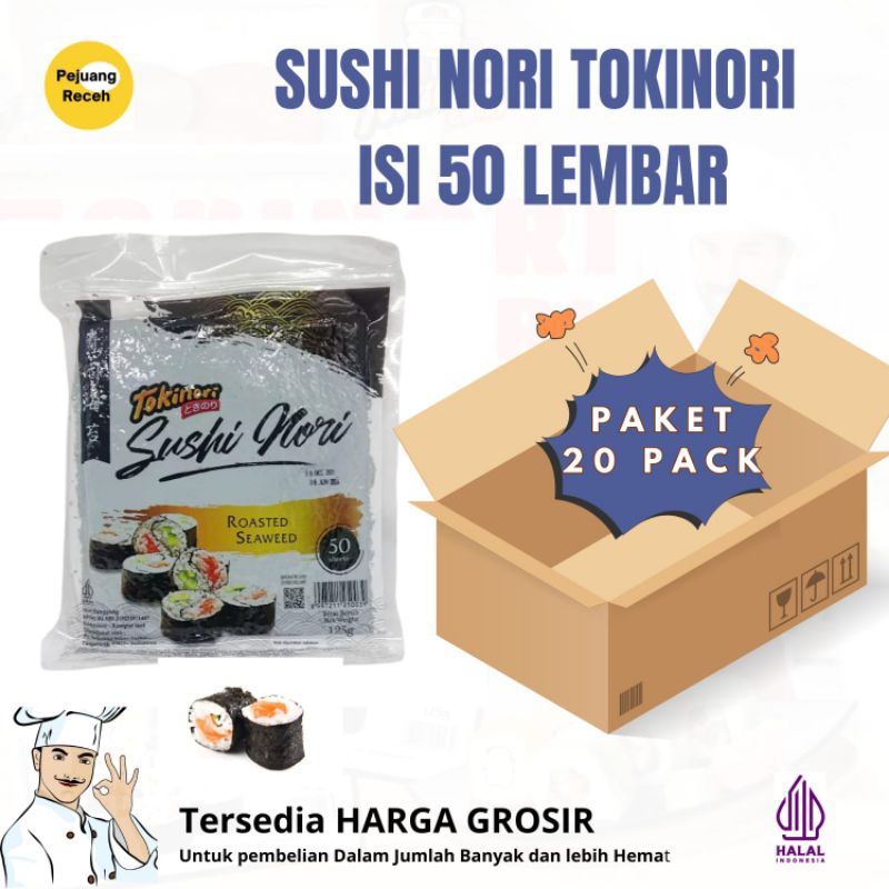 

PAKET HEMAT 20 PACK SUSHI NORI 50 LEMBAR / TOKINORI DAN ICHINORI & ICHI NORI SUSHI NORI - SUSHI NORI LOKAL KUALITAS PREMIUM HALAL UNTUK SUSHI, RAMEN , ONIGIRI, BENTO ISI 50 LEMBAR LEBIH HEMAT UNTUK KEBUTUHAN PANGAN KHAS JEPANG KOREA