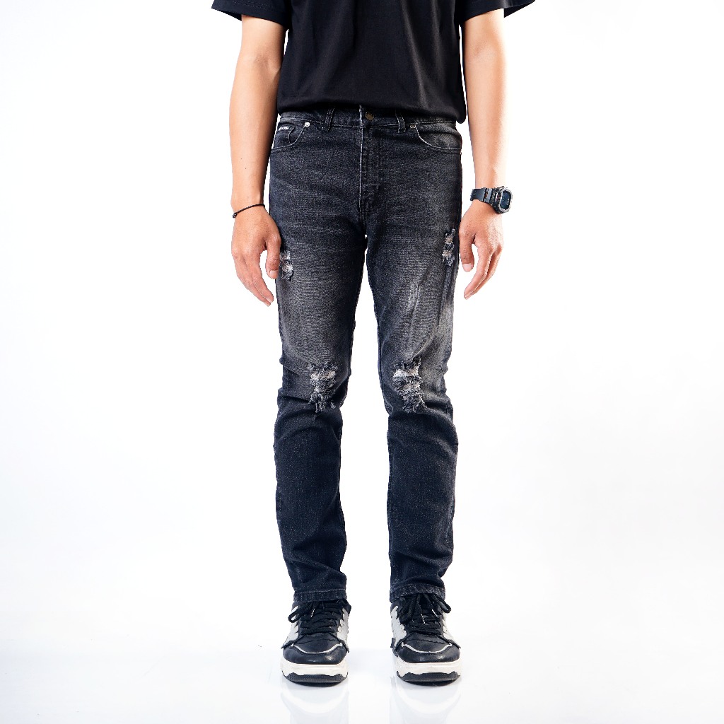 Black ID - Celana Panjang Denim Pria Hitam Wash Destroy | Lp DNM Shogun