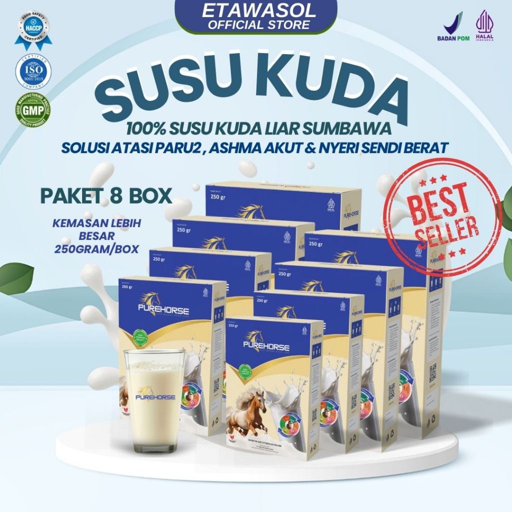 

Susu Kuda Pure Horse 100% Original dari Sumbawa Untuk Keluhan Sesak Nafas Akut dan Nyeri Sendi Berat Kemasan 250gram Paket 8 BOX