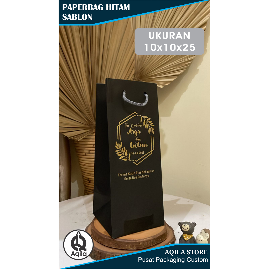 Tas Paper bag sablon hitam untuk botol souvenir tumbler