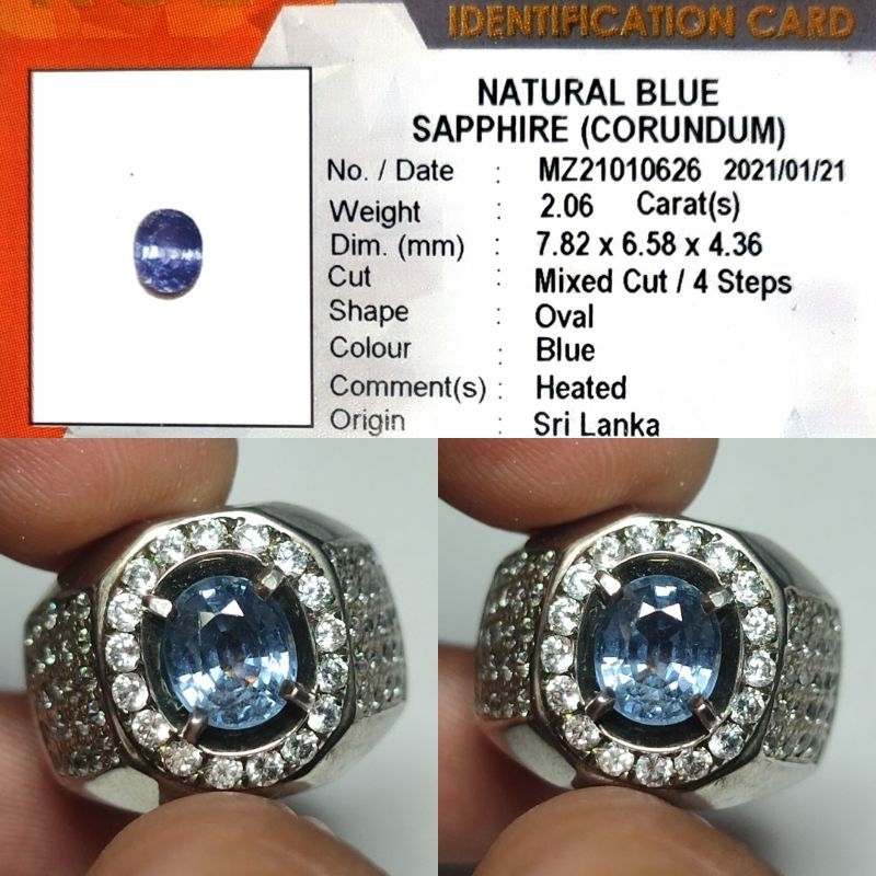 Natural Blue Sapphire Srilanka 2ct KGL Material Clean Crystall Full Luster Gemericik Ring Perak Cust