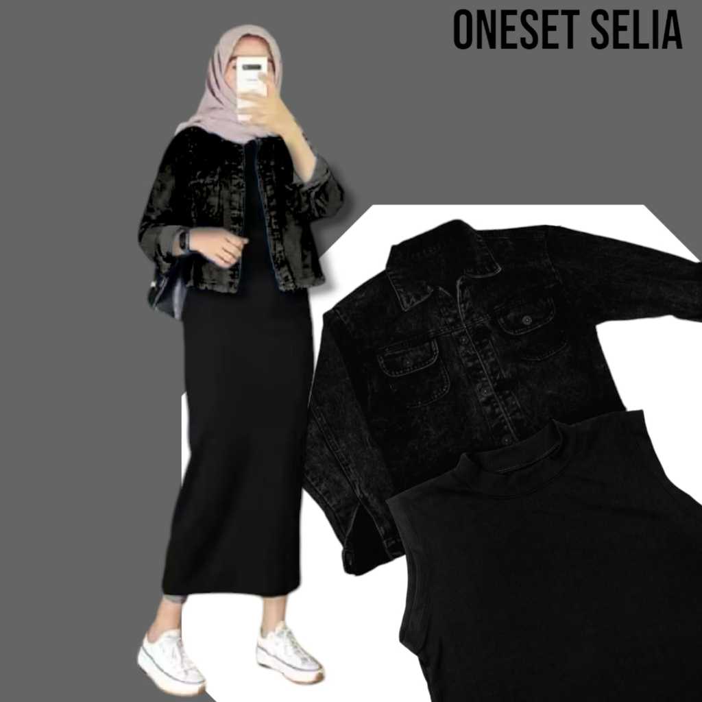 SETELAN WANITA INNER DRESS RAJUT+ JAKET JEANS oneset selia jaket dan iner satu set biru hitam ootd h