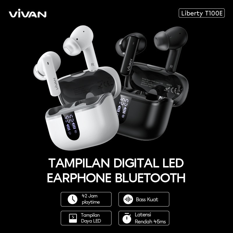 HEADSET BLUETOOTH TWS VIVAN LIBERTY T100E  | HEADSET BLUETOOTH | SUPERBASS | TERLARIS