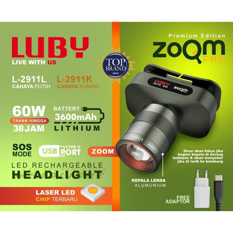 senter kepala luby zoom 60 watt L- 2911 3 mode lampu cahaya super terang cahaya putih charger hp tip