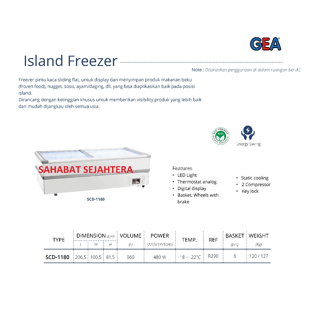 GEA Island Freezer SCD-1180 Freezer Sliding Kaca