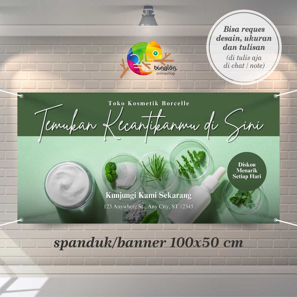 Cetak Spanduk  Banner Hijau Gelap Elegan Toko Kosmetik