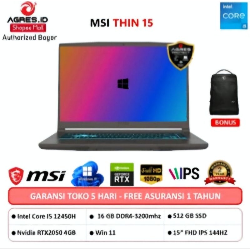 Laptop MSI THIN 15 Core i5 gen 12