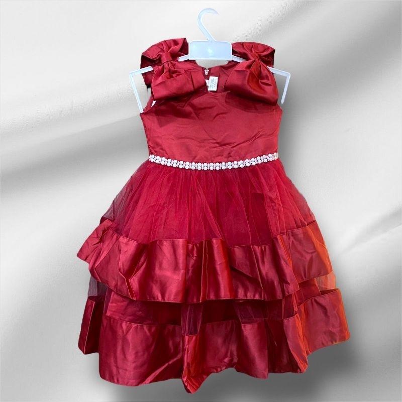 dress gaun pesta anak perempuan warna merah maroon bahan premium size 110