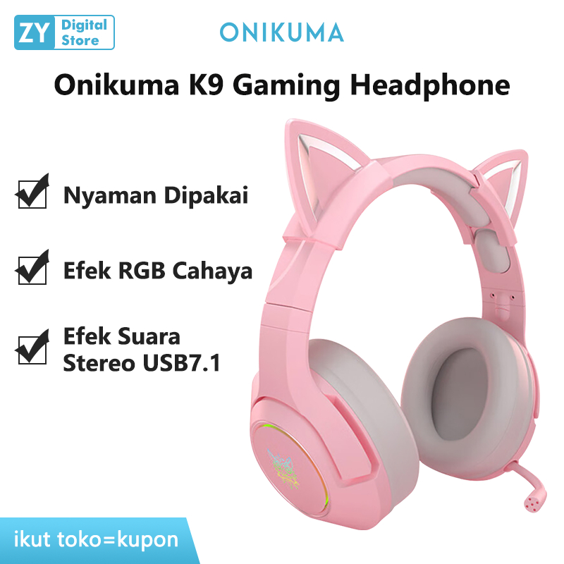 Onikuma K9 Gaming Headphone Wired Perempuan Comel Efek RGB Cahaya Over Ear Headset with Microphone