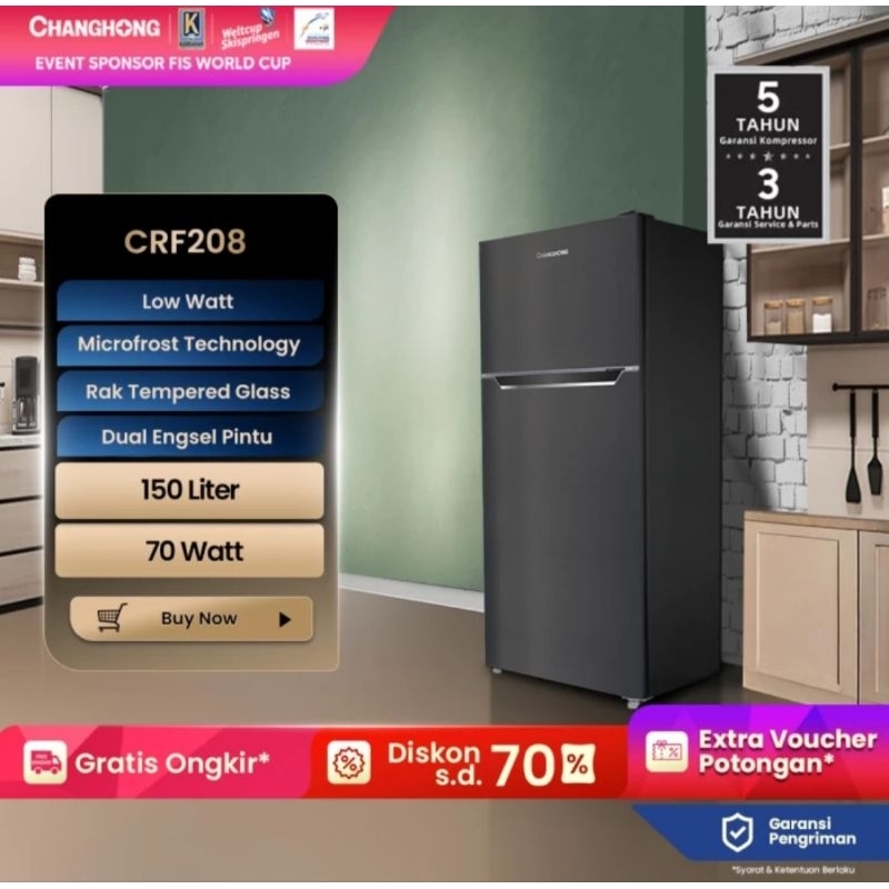 KULKAS CHANGHONG 2 PINTU CRF208 (150LITER) KULKAS CHANGHONG 2PINTU CRF 208 150 LITER
