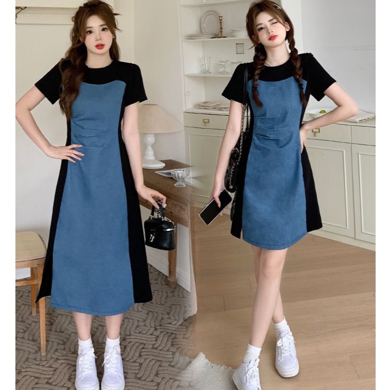 LANGSUNG KIRIM Midi Dress Scuba Kombinasi Denim  Dress Jeans Wanita Korea Kasual