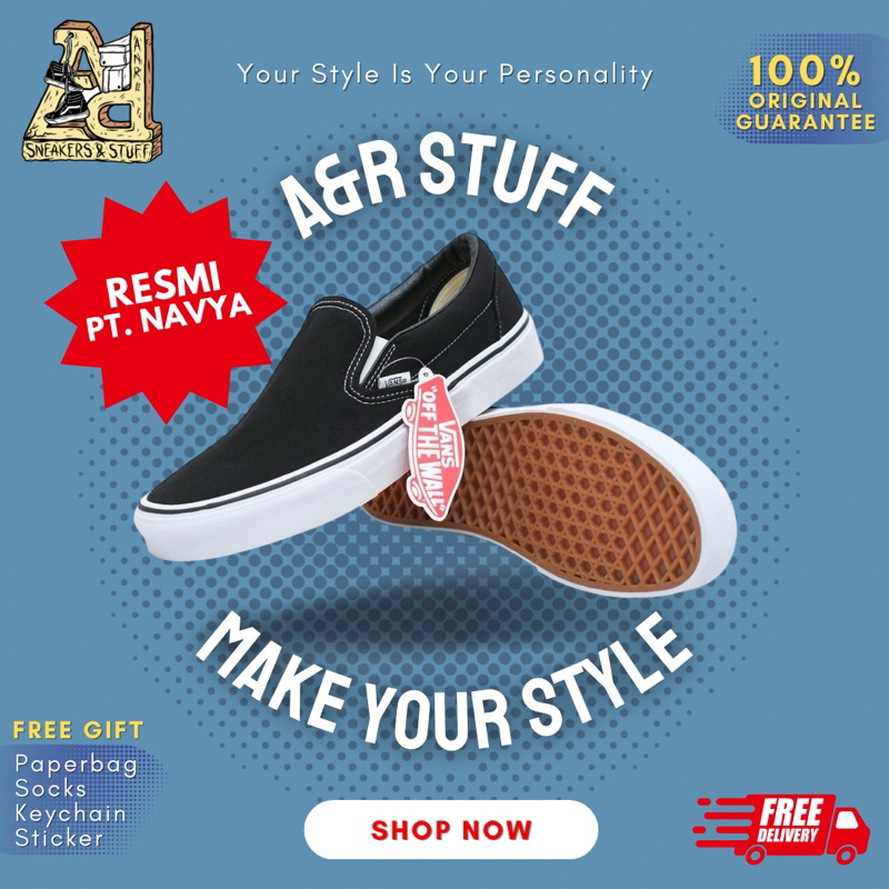 VANS SLIP ON CLASSIC BLACK WHITE ORIGINAL RESMI PT NAVYA