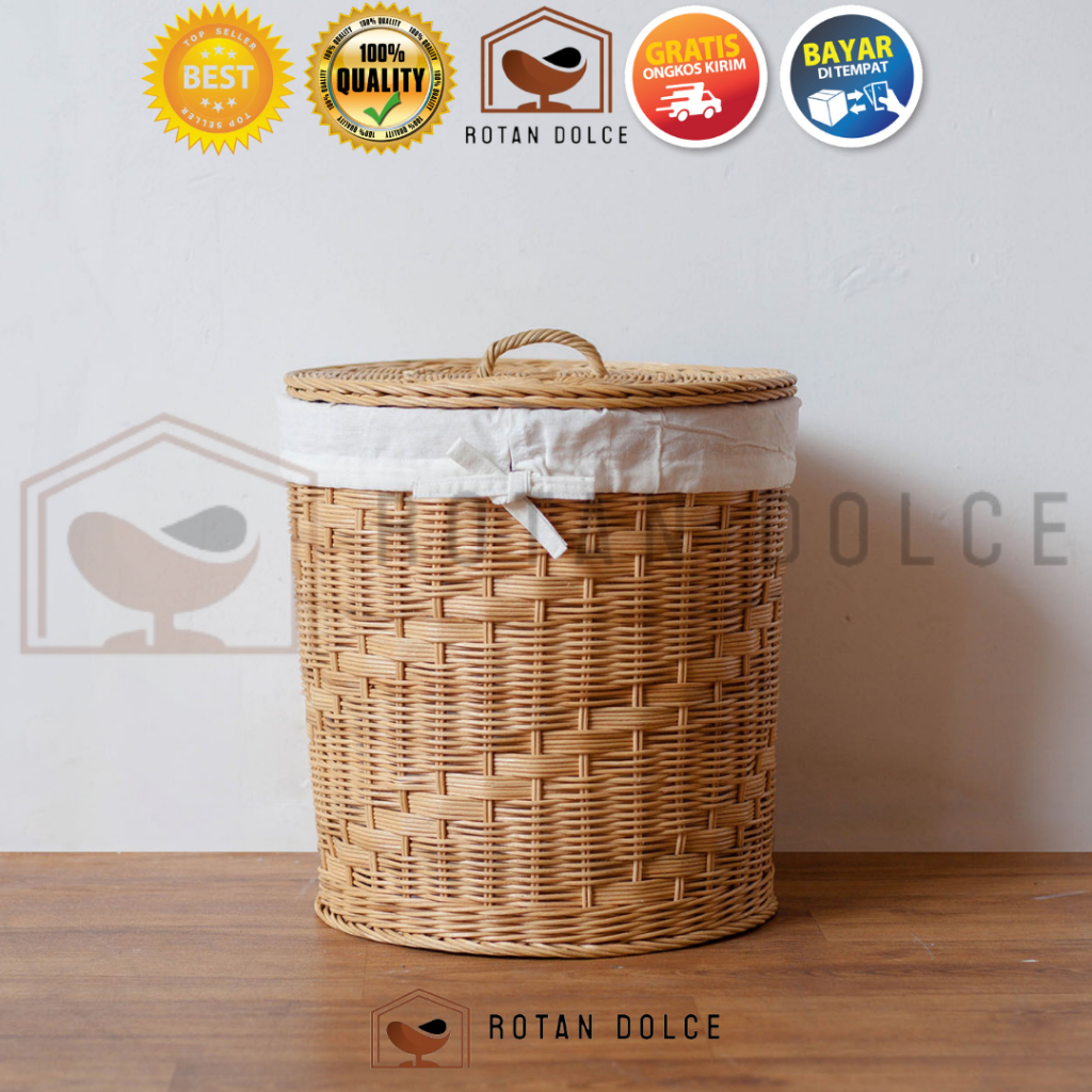 Keranjang Laundry Rotan / Keranjang Baju Kotor Dengan Tutup Dan Kain Serbaguna Anyaman Rotan Asli