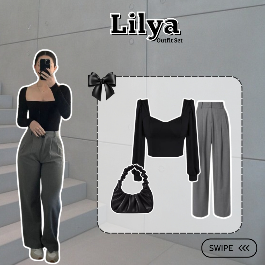 Setelan Lilya Outfit {Blouse Hitam + Celana Kulot Grey + Shoulder Bag Hitam } | OOTD Korean Style