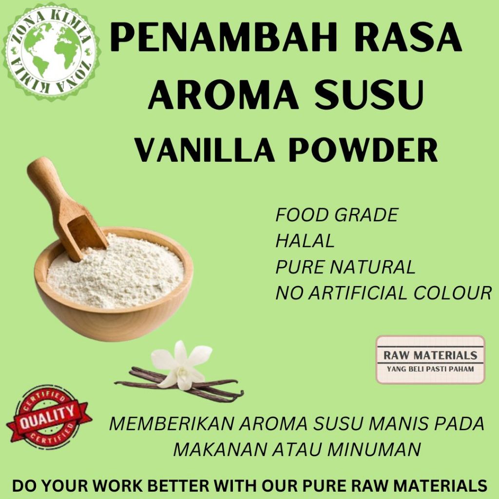 

Bubuk Ekstrak Vanilla 10gr Serbuk Aroma Susu Vanilla Penambah Rasa Aroma Makanan Dan Minuman / Organic Vanilla Powder 10gr
