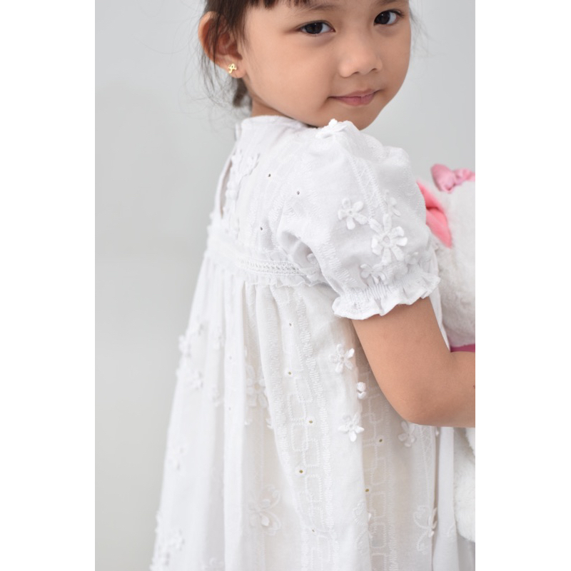 dress putih anak perempuan - katbol - bordir - bunga renda