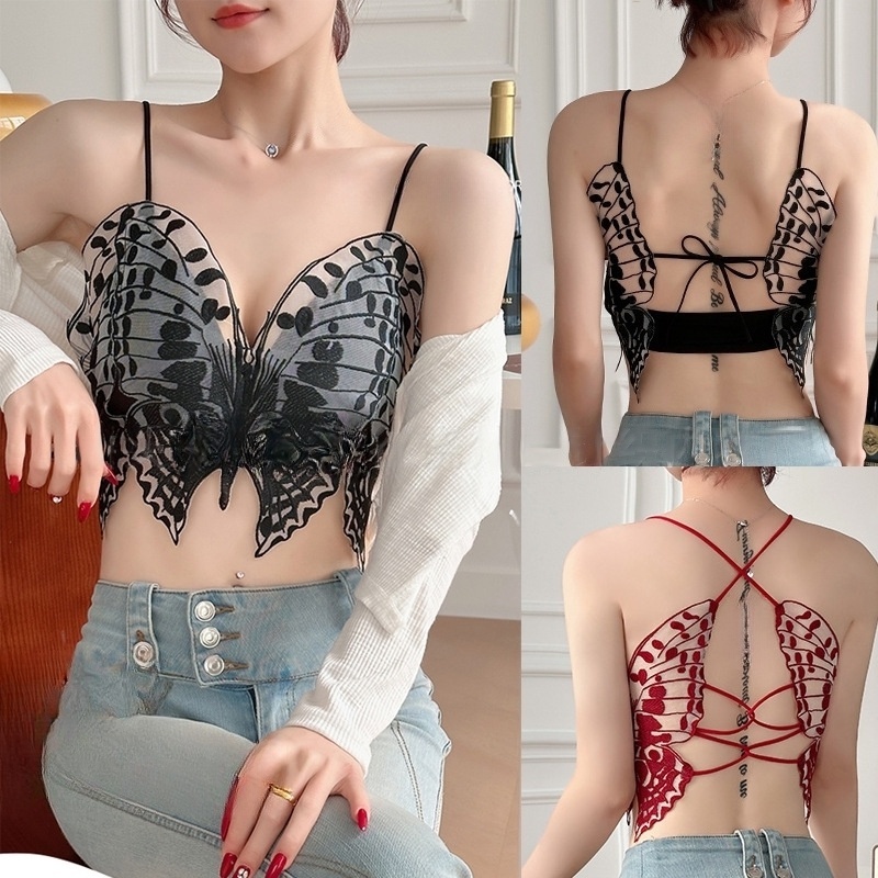 Butterfly Bra Sexy Include Cup Fashion Wanita Tanpa Kawat Motif Kupu-Kupu BH Crop Seksi Import Premi